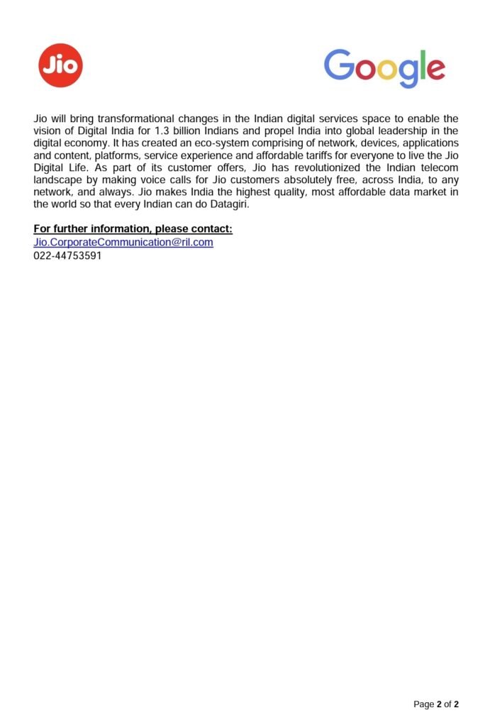 Reliance-Google Media Release for delay in New JioPhone Next launch (2/2)