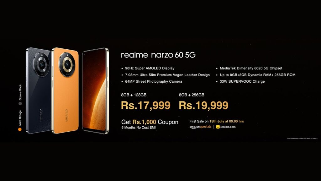 Realme Narzo 60 5G price in India starts at Rs 17999, available with additional Rs 1000 off Coupon